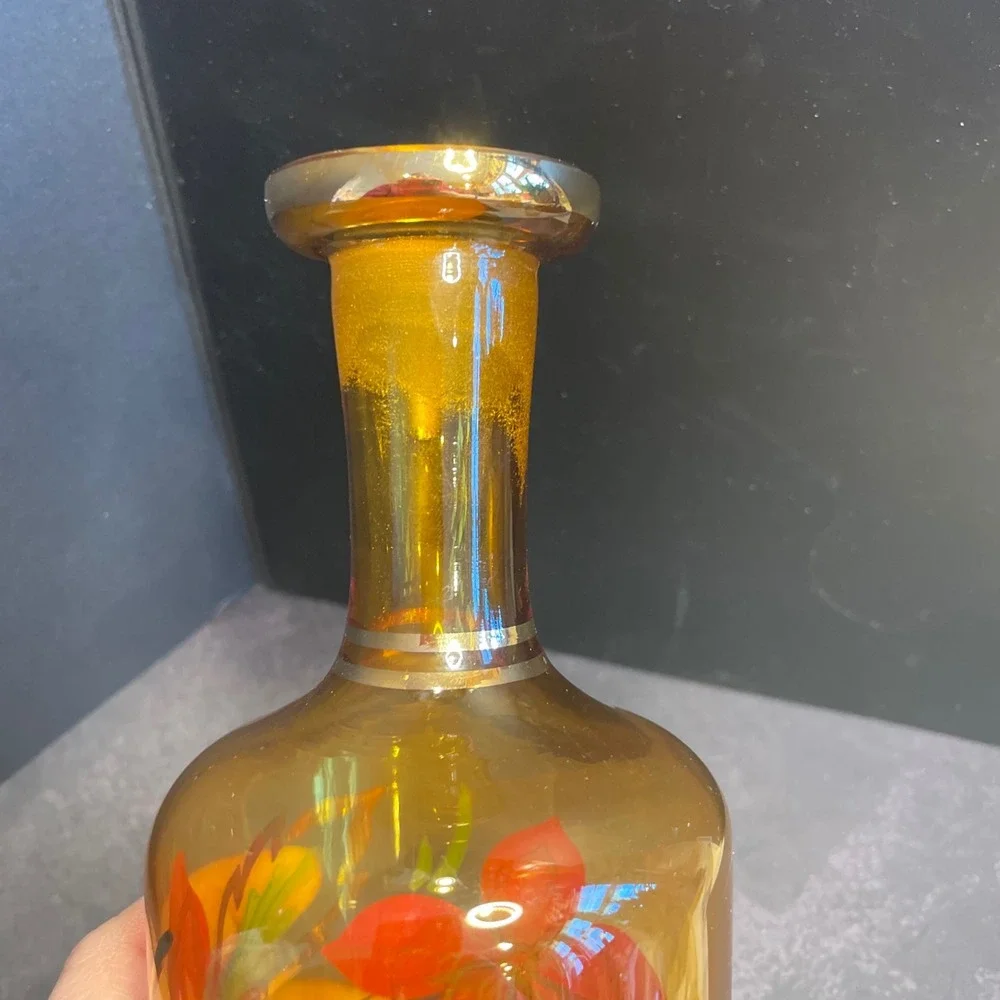 Amber Glass Red Flower‎ Decanter Green Leaf Glasses Vintage Barware Gold Trim